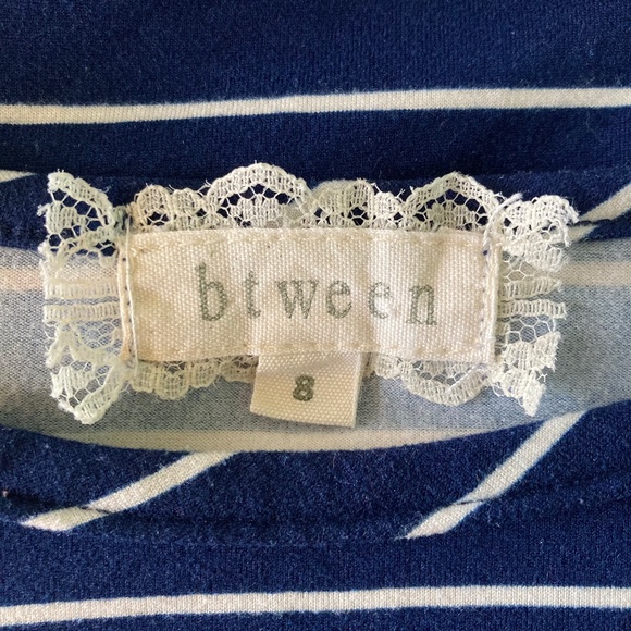 Girls size 8 Btween navy blue and white striped long sleeved top with - Picture 3 of 5